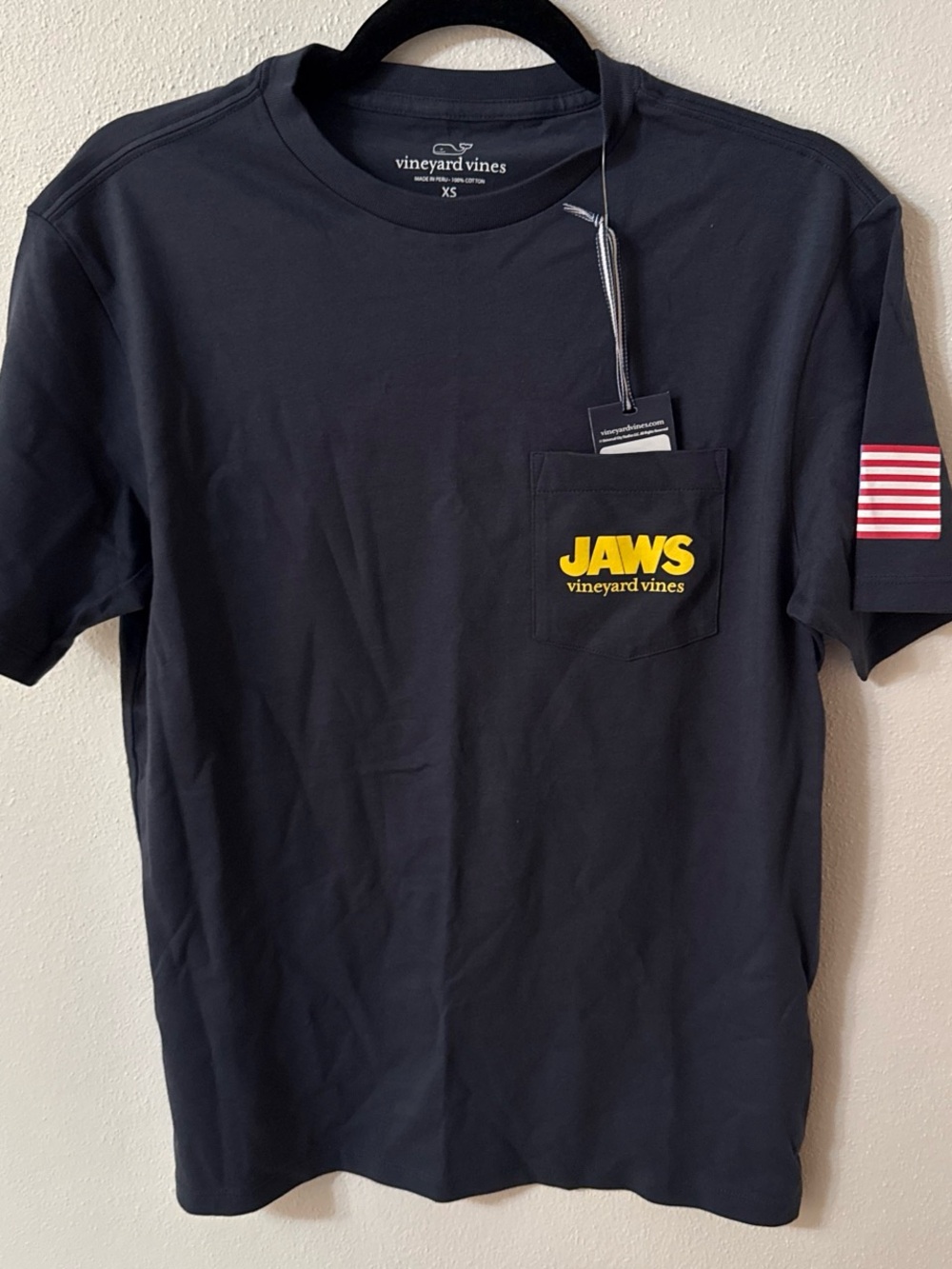 Vineyard Vines Navy Short Sleeve JAWS Pocket Tee with Yellow Logo